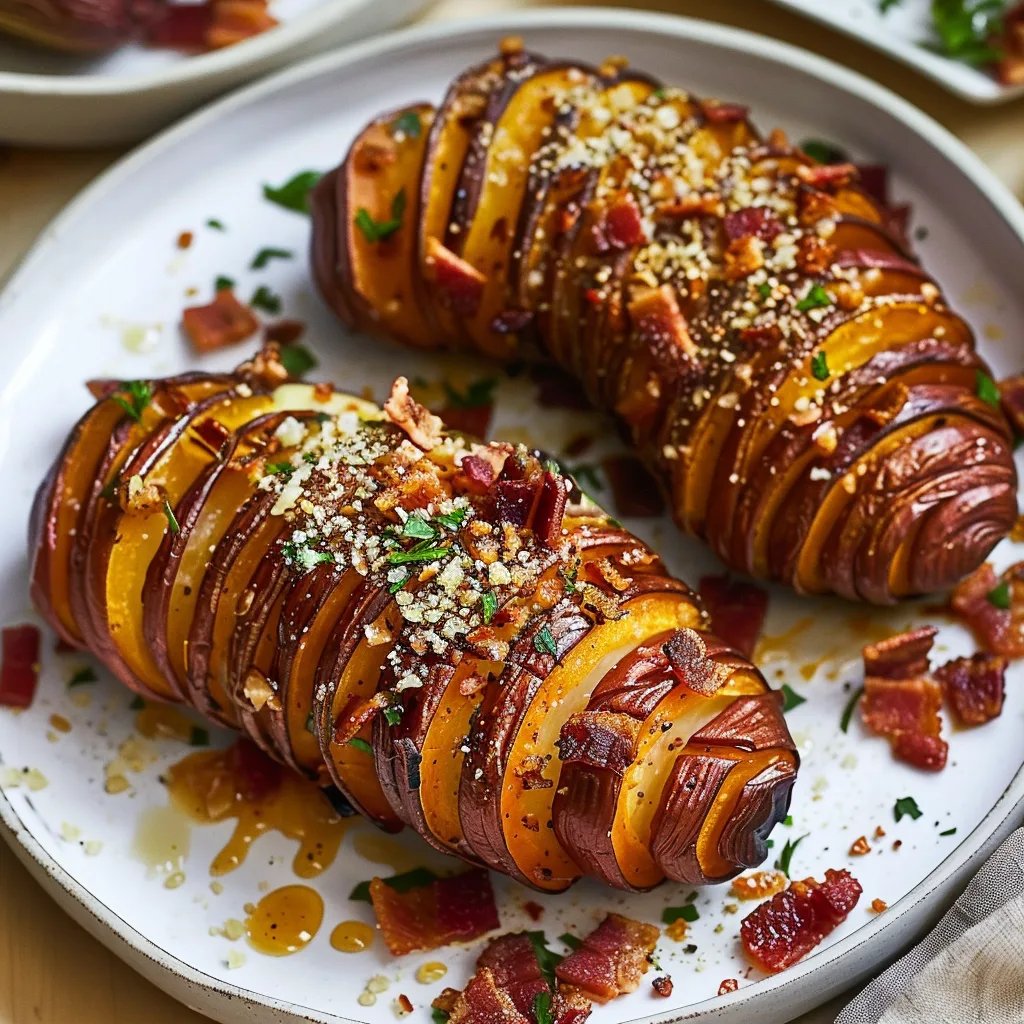 Roasted Hasselback Sweet Potatoes With Bacon Maple Brown Butter